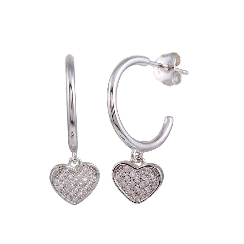 women’s designer earrings -Rhodium Plated 925 Sterling Silver Semi Hoop CZ Heart Shaped Earrings - BGE00636