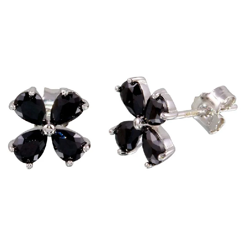 artistic earrings for women -Rhodium Plated 925 Sterling Silver Black Flower CZ Earrings - STE01093