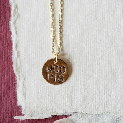 birthday gift necklaces for women -Hand Stamped Woo Pig Charm Necklace