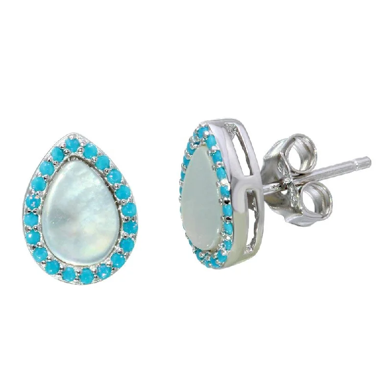 gemstone earrings for women -Rhodium Plated 925 Sterling Silver Teardrop Shaped Opal Stud Earrings with Blue CZ Stones - STE01118BLU