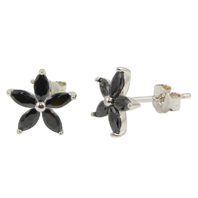 women’s bridal earrings -Rhodium Plated 925 Sterling Silver Black Five Petal Flower Earrings - STE01094