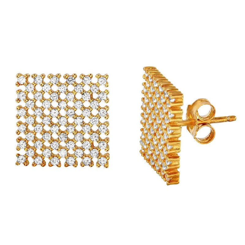 elegant earrings for women -Silver 925 Gold Plated Large Checkered CZ Stud Earrings - ACE00080GP