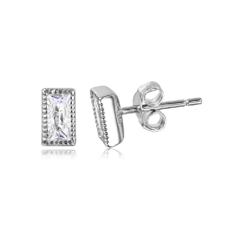 trendy gold earrings for women -Silver 925 Rectangle Clear CZ Stud Earrings - STE01041