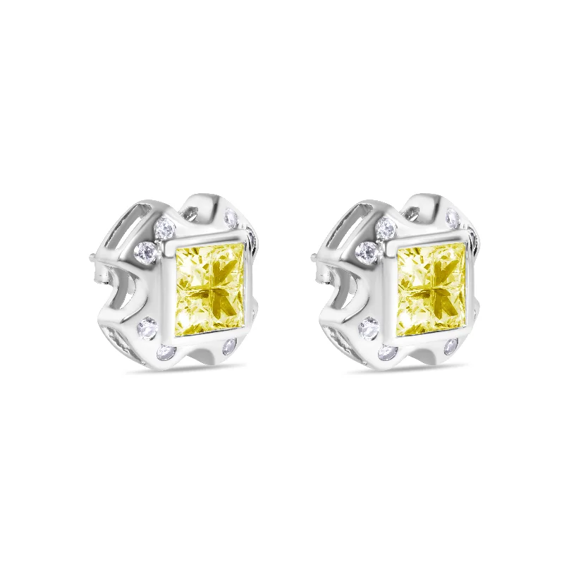 crystal earrings for women -Final Price-High Polished 925 Sterling SilverCross Design Invisible Yellow CZ Center Stud Earrings - STEM139YLW