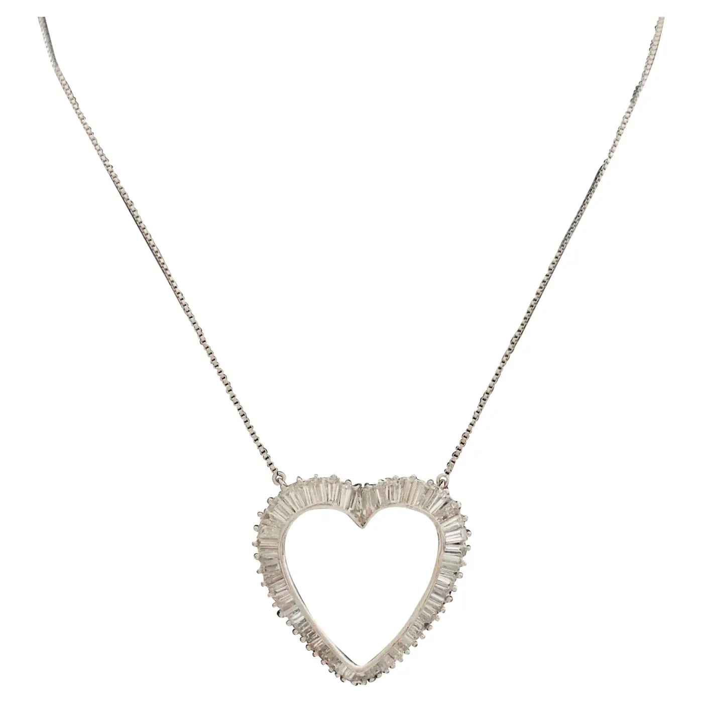 gold chain necklaces for women -Platinum Diamond Baguette Heart Necklace 3.00 Carats Circa 1960's