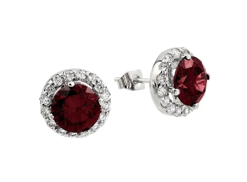 trendy gold earrings for women -Silver 925 Rhodium Plated Round Red CZ Stud Earrings - BGE00368R