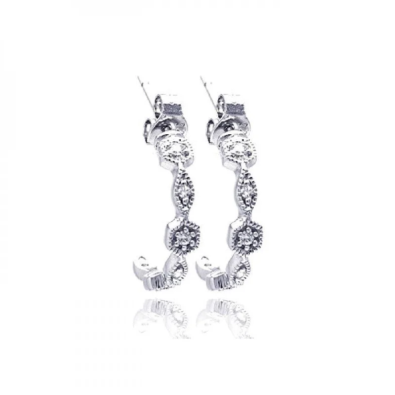 handmade earrings for women -Silver 925 Rhodium Plated Round Marquis Clear CZ Semi Hoop Earrings - STE00754