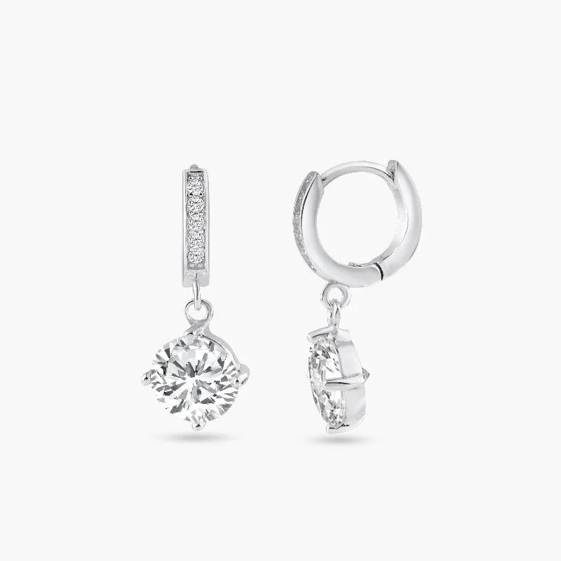 bold earrings for women -Silver 925 Rhodium Plated Round Channel CZ Dangling huggie hoop Earrings - BGE00263