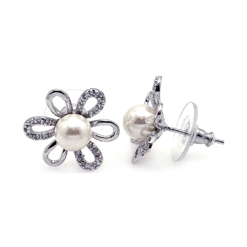 elegant hoop earrings for women -Silver 925 Rhodium Plated Sunflower CZ Synthetic Pearl Stud Earrings - BGE00111