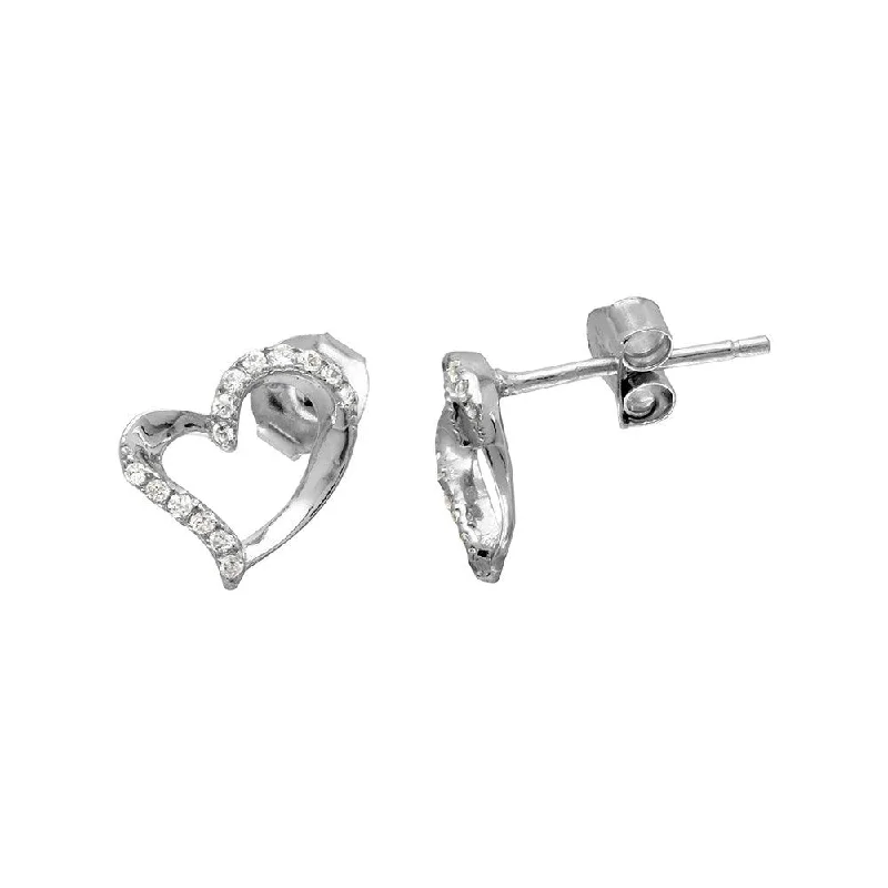 clip-on earrings for women -Rhodium Plated 925 Sterling Silver Open Sideways CZ Heart Stud Earrings - BGE00510