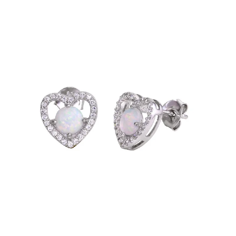 sapphire earrings for women -Rhodium Plated 925 Sterling Silver Open Heart Stud Earrings with CZ and Synthetic Opals - BGE00588