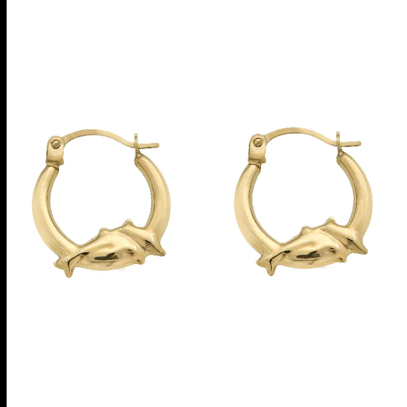 luxury gemstone earrings for women -14E00375 - 14 Karat Yellow Gold Dolphin Design Latch Back Hoop Earring