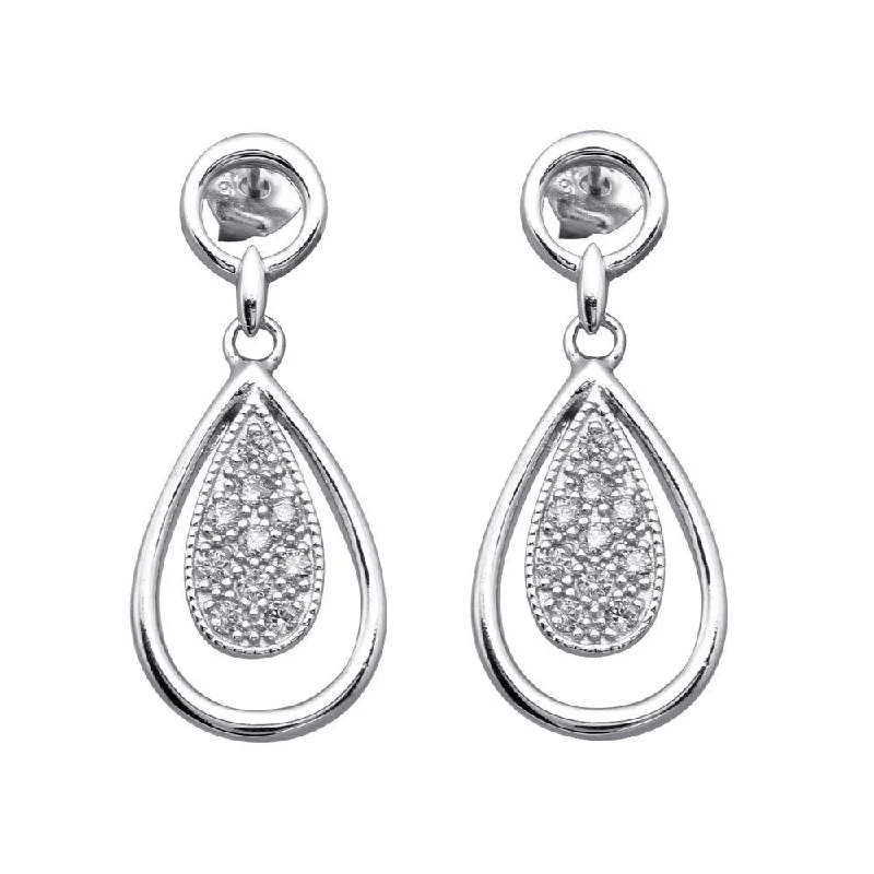 wedding earrings for women -Silver 925 Rhodium Plated Open Teardrop Clear CZ Dangling Stud Earrings - BGE00043