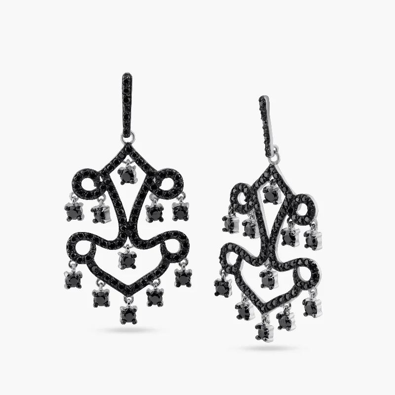 vintage earrings for women -Clearance-Silver 925 Oxidized Rhodium Plated Round Black CZ Dangling Chandelier Stud Earrings - STE00713