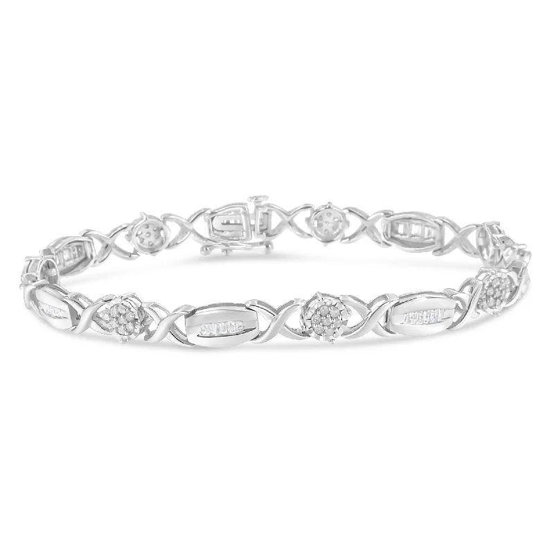 .925 Sterling Silver 1.0 Cttw Round-Cut and Baguette-Cut Diamond X-Link Bracelet