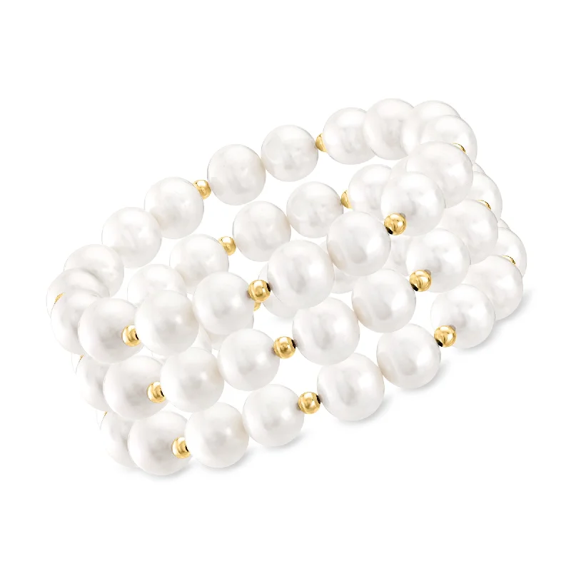 Ross-Simons 9-10mm Cultured Pearl Jewelry Set: 3 Stretch Bracelets With 14kt Yellow Gold