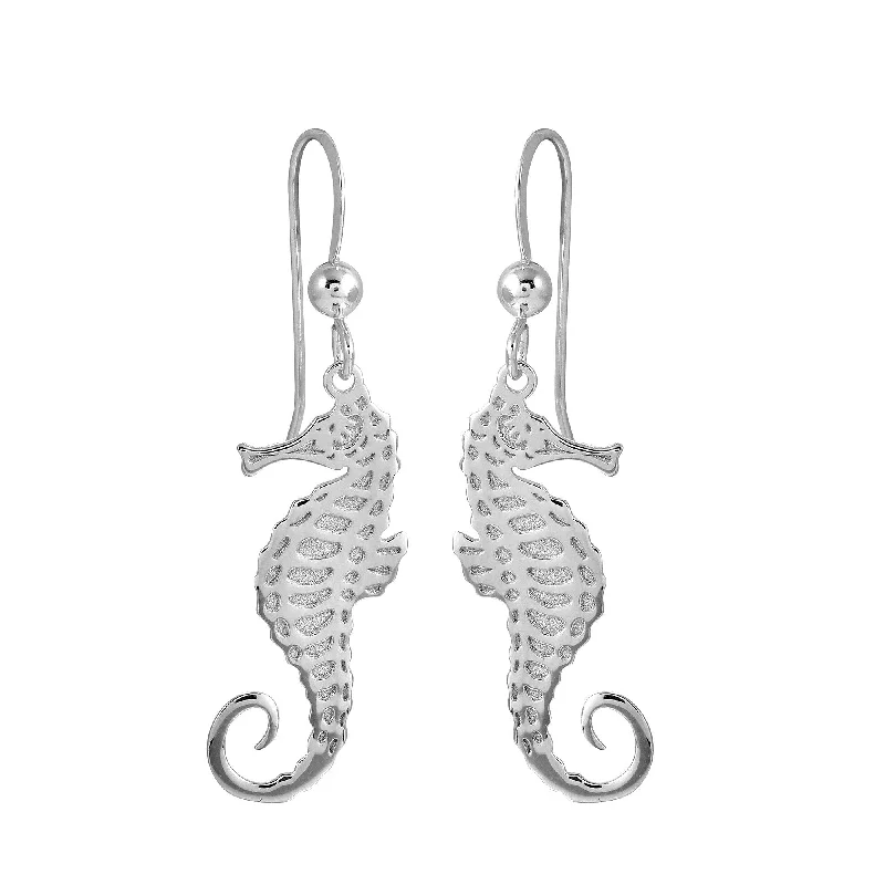 bohemian earrings for women -Rhodium Plated 925 Sterling Silver Dangling Sea Horse Earrings - SOE00036