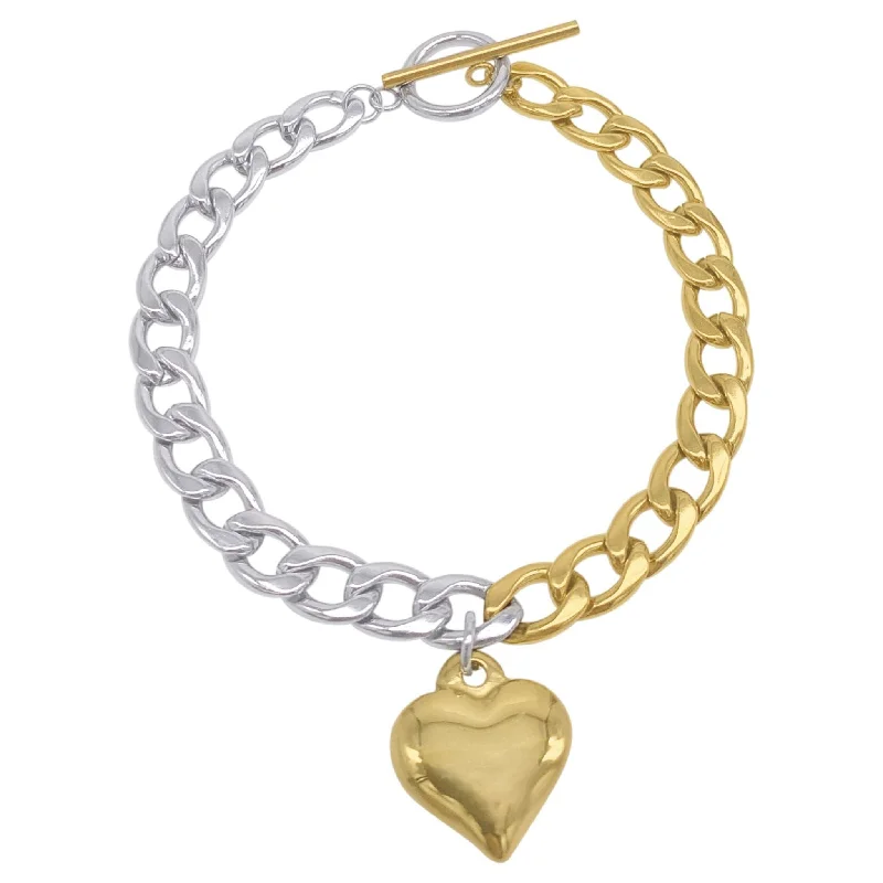 Water Resistant Half And Half Heart Chain Toggle Bracelet silver gold