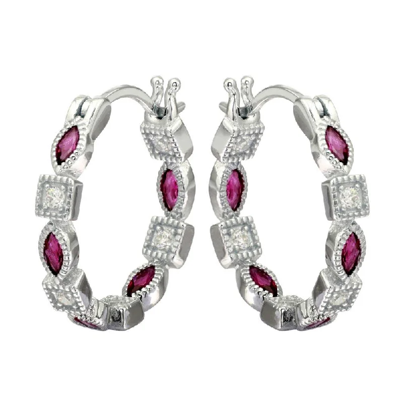 trendy gold earrings for women -Rhodium Plated 925 Sterling Silver Inner and Outer Red Clear CZ Hoop Earrings - STE01122RED