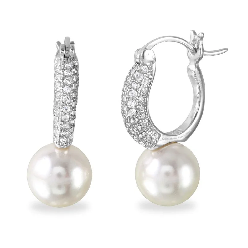 elegant gold earrings for women -Rhodium Plated 925 Sterling Silver Dropped Synthetic Pearl huggie hoop Earrings with CZ - BGE00526