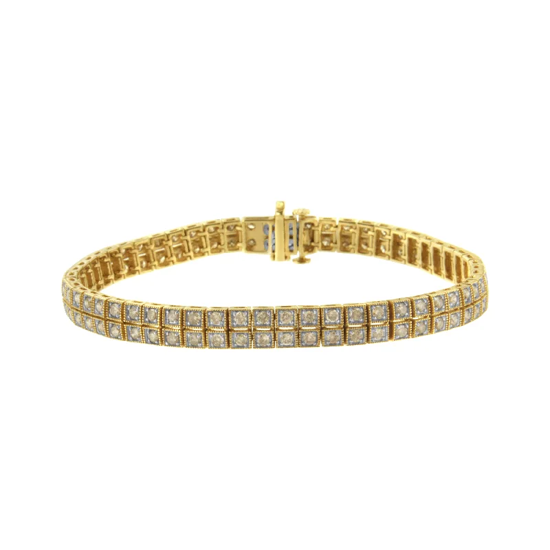 14K Yellow Gold over .925 Sterling Silver 3.0 Cttw Diamond Double Row Square Milgrain Link 7” Tennis Bracelet