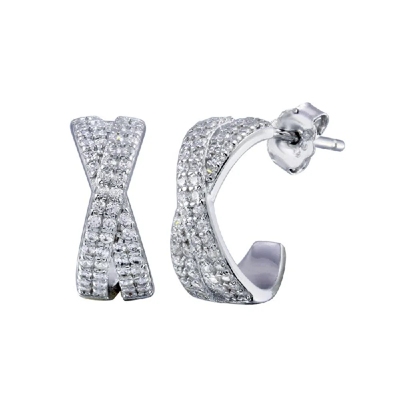 women’s trendy drop earrings -Rhodium Plated 925 Sterling Silver Semi Hoop X CZ Round Earring - STE01230