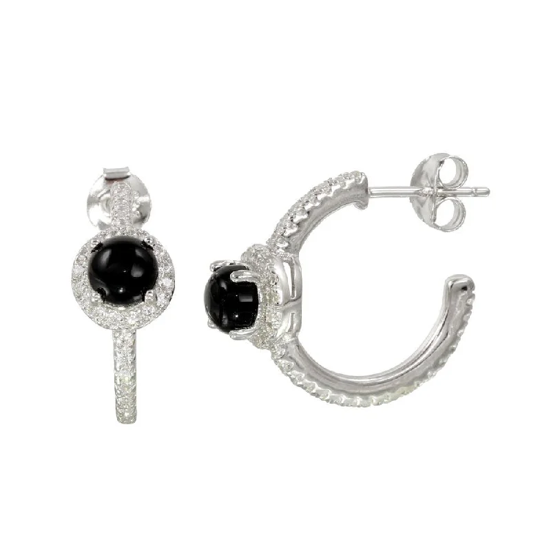 vintage earrings for women -Rhodium Plated  925 Sterling Silver Semi-Hoop CZ Earrings with CZ and Black Stone - BGE00569BLK