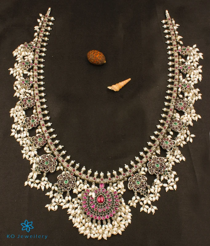 sapphire necklaces for women -The Rakshita Silver Guttapusalu Necklace (Oxidised/Long)