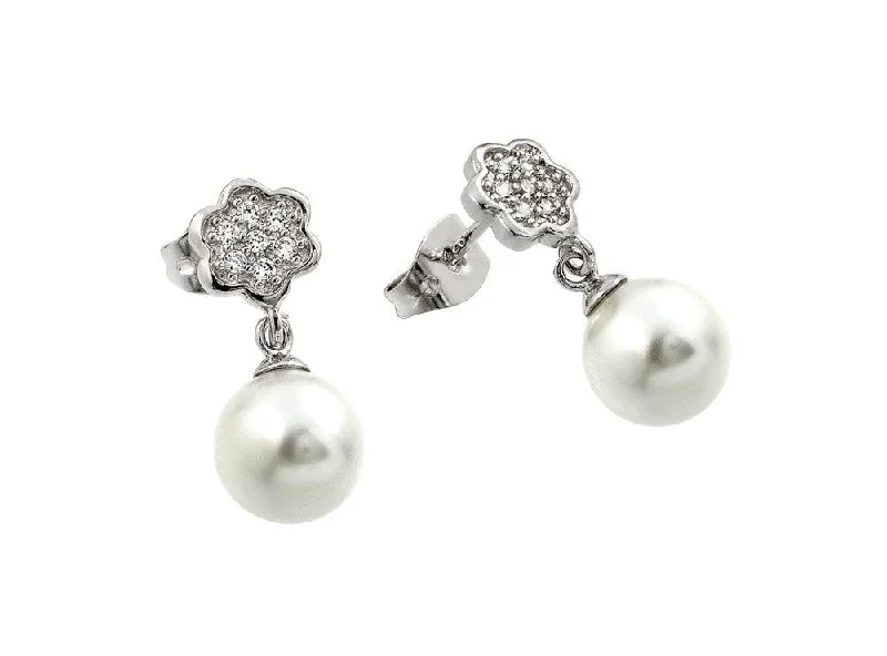 stacked earrings for women -Silver 925 Rhodium Plated Flower CZ Inlay Dangling Pearl Stud Earrings - BGE00357