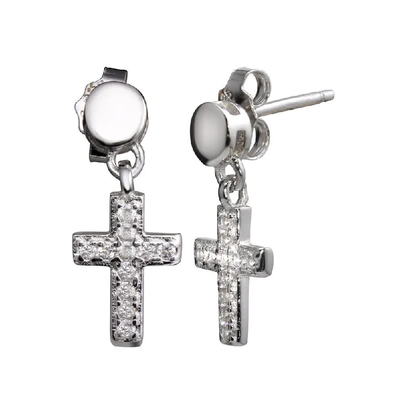 mixed gemstone earrings for women -Rhodium Plated 925 Sterling Silver Mini Dangling Cross Earrings - STE01156RH