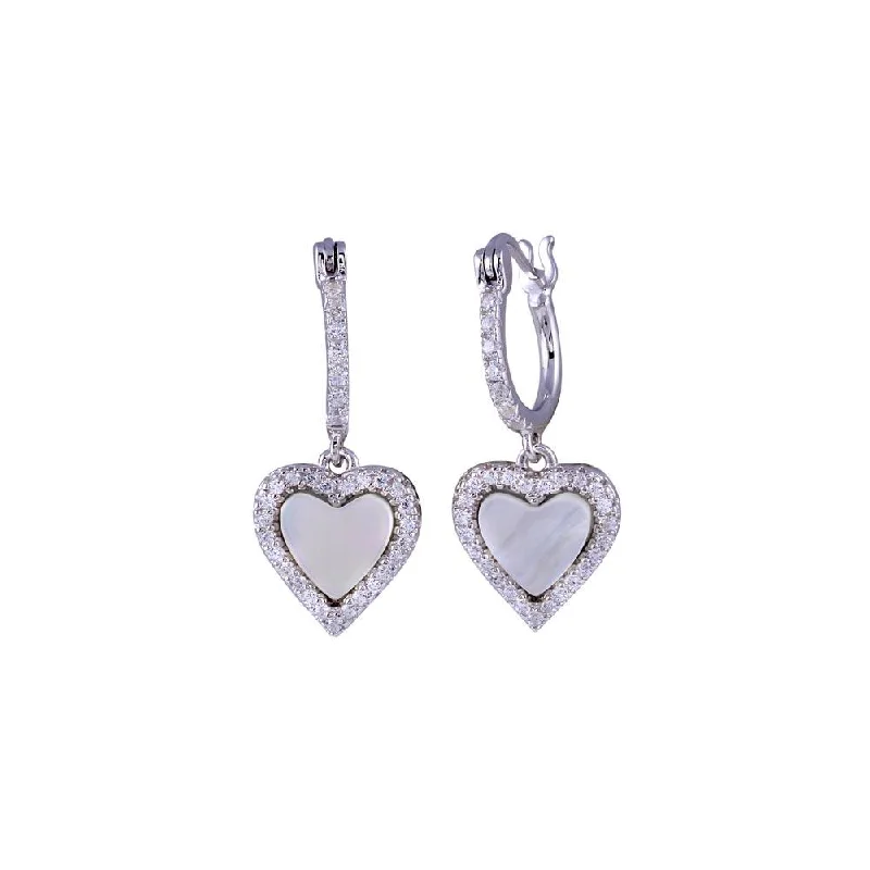 elegant gold earrings for women -Rhodium Plated 925 Sterling Silver Dangling CZ Heart with Mother of Pearl huggie hoop Earring - BGE00676