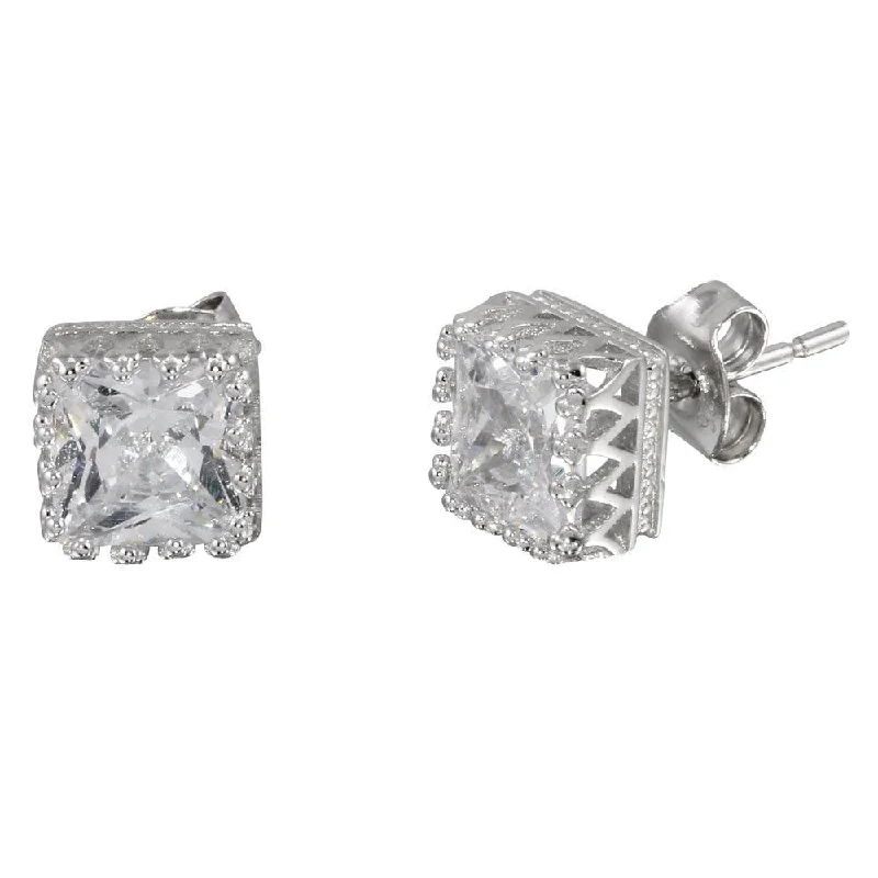 statement gold earrings for women -Rhodium Plated 925 Sterling Silver Square Solitaire CZ Earrings - STE01088