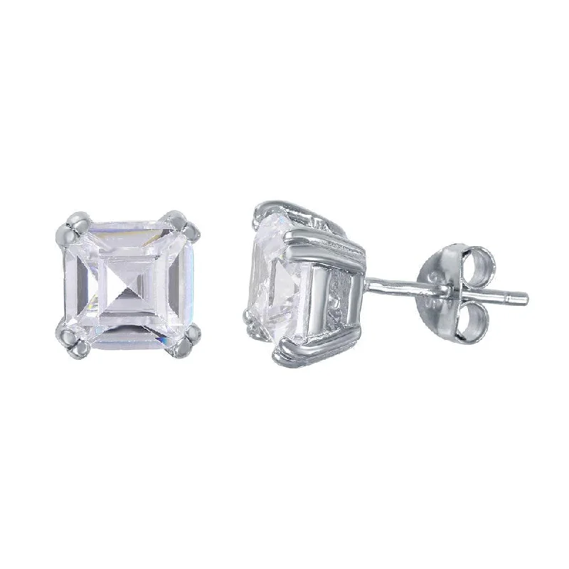 twisted earrings for women -Silver 925 Rhodium Plated Square CZ Solitaire Stud Earrings - BGE00452