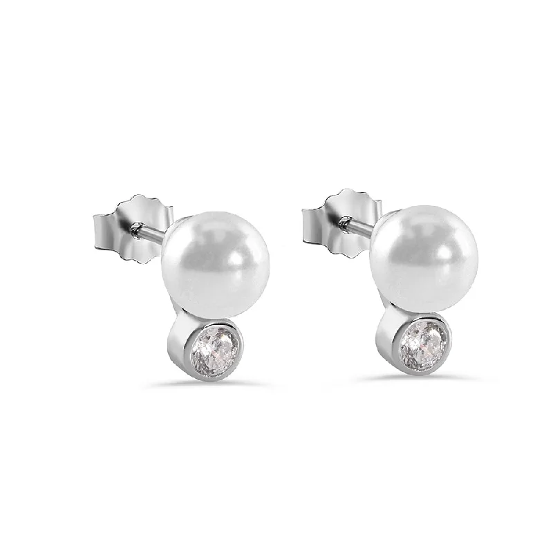 glamorous earrings for women -Silver 925 Rhodium Plated Pearl Stud Earrings - STE00909