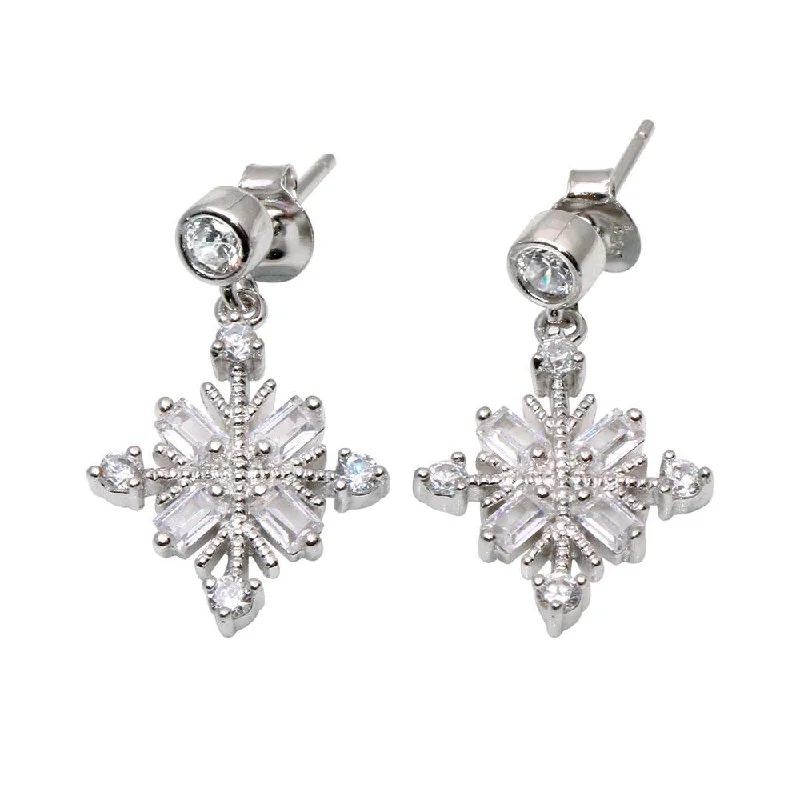 trendy earrings for women -Rhodium Plated 925 Sterling Silver Drop Snowflake Earrings - BGE00574