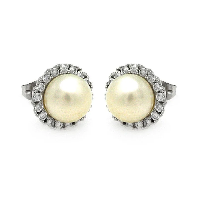 intricate design earrings for women -Silver 925 Rhodium Plated Round CZ Center Fresh Water Pearl Stud Earrings - BGE00253