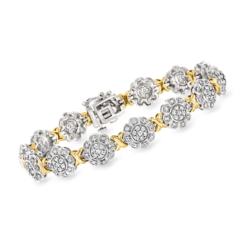 Ross-Simons Diamond Flower Bracelet in 2-Tone Sterling Silver