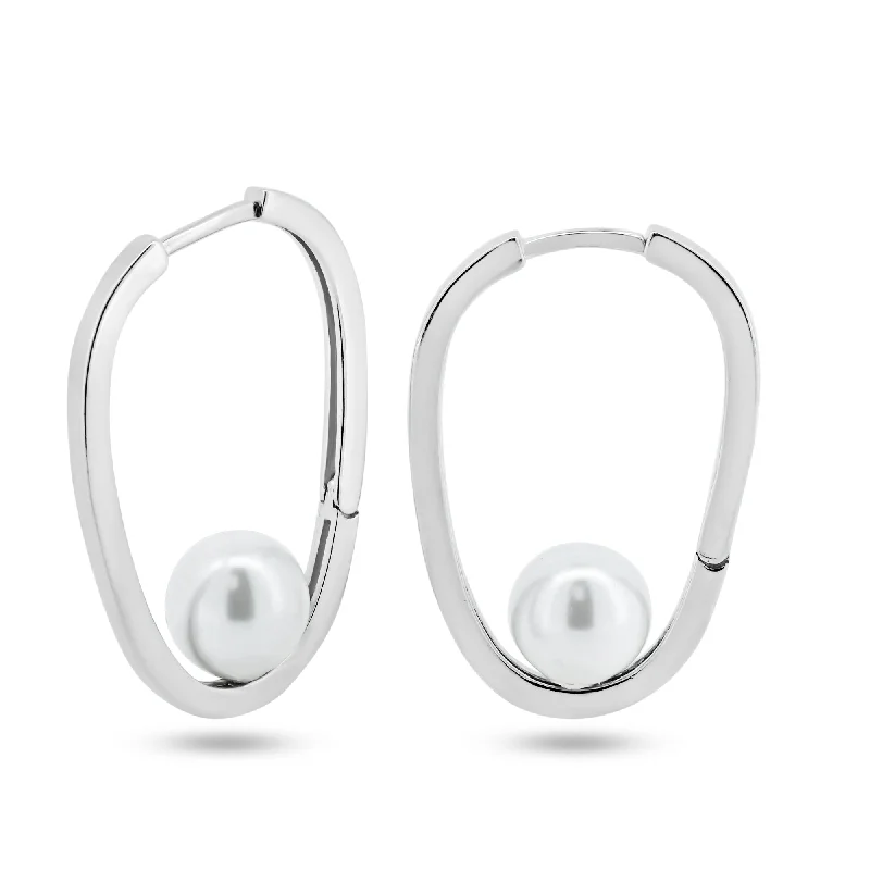 diamond earrings for women -Rhodium Plated 925 Sterling Silver Pearl Hoop Earrings - GME00125