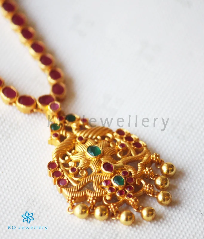 elegant gold necklaces for women -The Saransh Silver Kempu Peacock Necklace(Red)