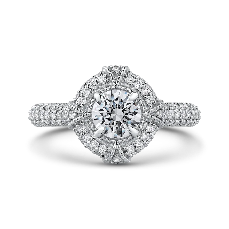 luxury diamond solitaire engagement rings -14K White Gold Round Diamond Cathedral Style Halo Engagement Ring