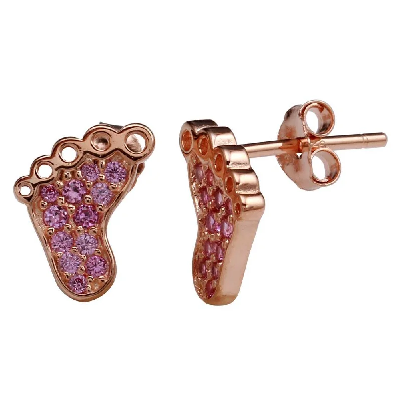 studded earrings for women -Rose Gold Plated 925 Sterling Silver Foot Stud Earrings with Pink CZ - STE01157RGP