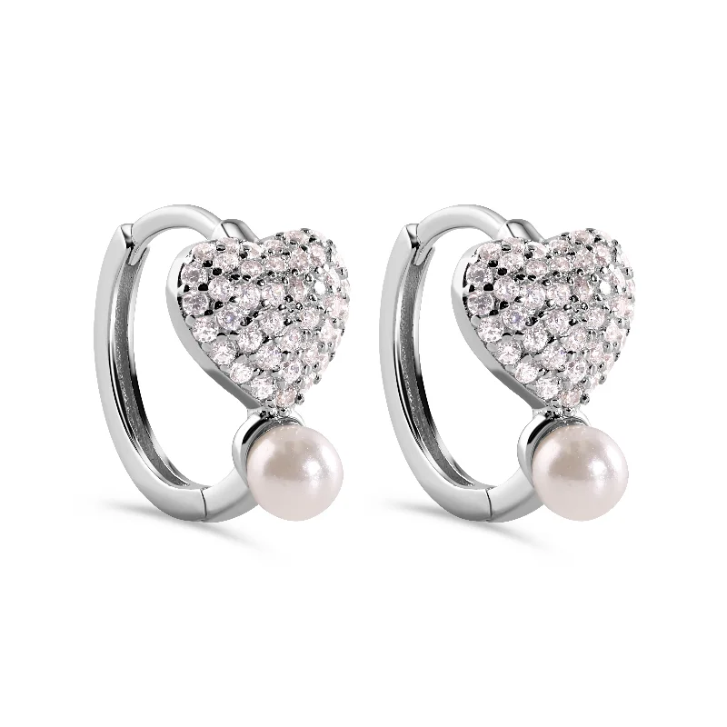 artistic gold earrings for women -Rhodium Plated 925 Sterling Silver Heart Clear CZ Studded Syntethic Pearl Hoop Earring - STE01380