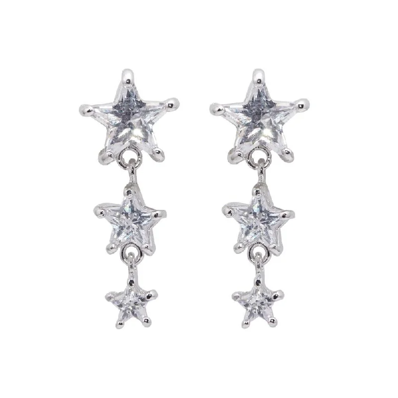 silver earrings for women -Silver 925 Rhodium Plated Graduated Multiple Stars CZ Dangling Stud Earrings - BGE00070