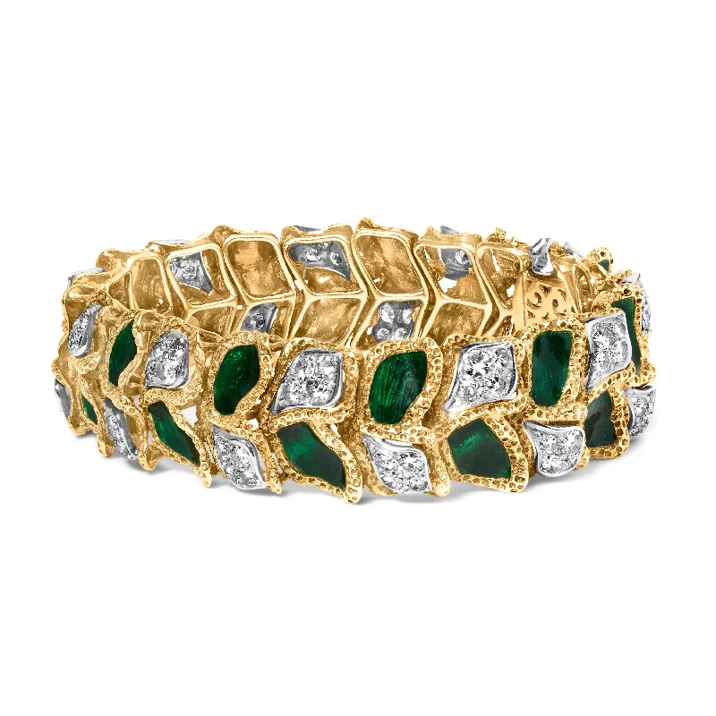 18K Yellow Gold 3 1/4 Cttw Diamond and Green Enamel Gold Textured Bracelet