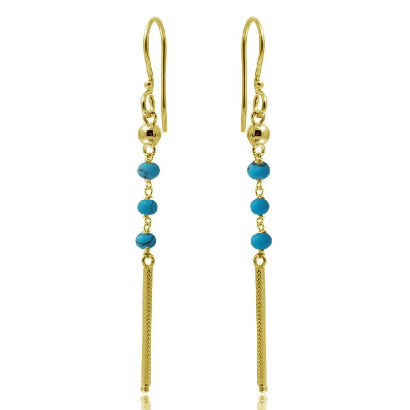 layered earrings for women -Gold Plated 925 Sterling Silver Dangling 3 Turquoise Bead with Matte Gold Bar Earrings - DIE00009GP-TQ