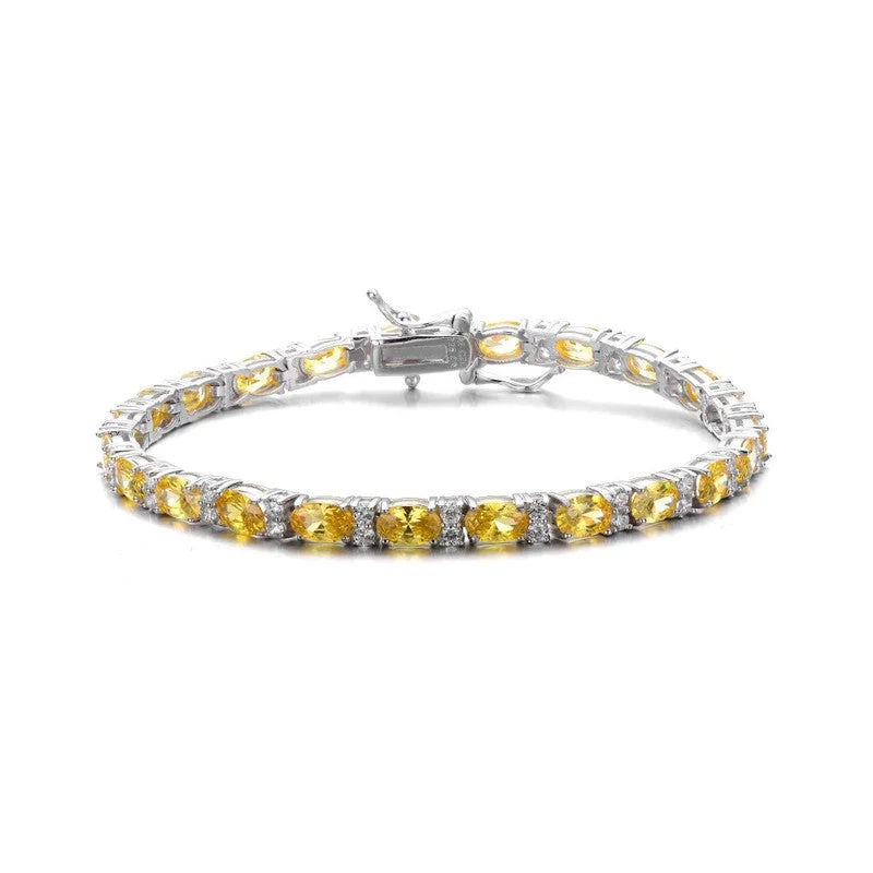 Sterling Silver Tennis Bracelet with Colored and Clear Oval Cubic Zirconia in Alternation