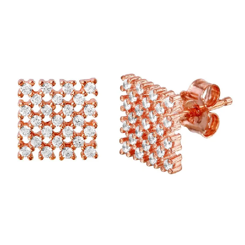 women’s earrings -Silver 925 Rose Gold Plated Checkered CZ Stud Earrings - ACE00079RGP