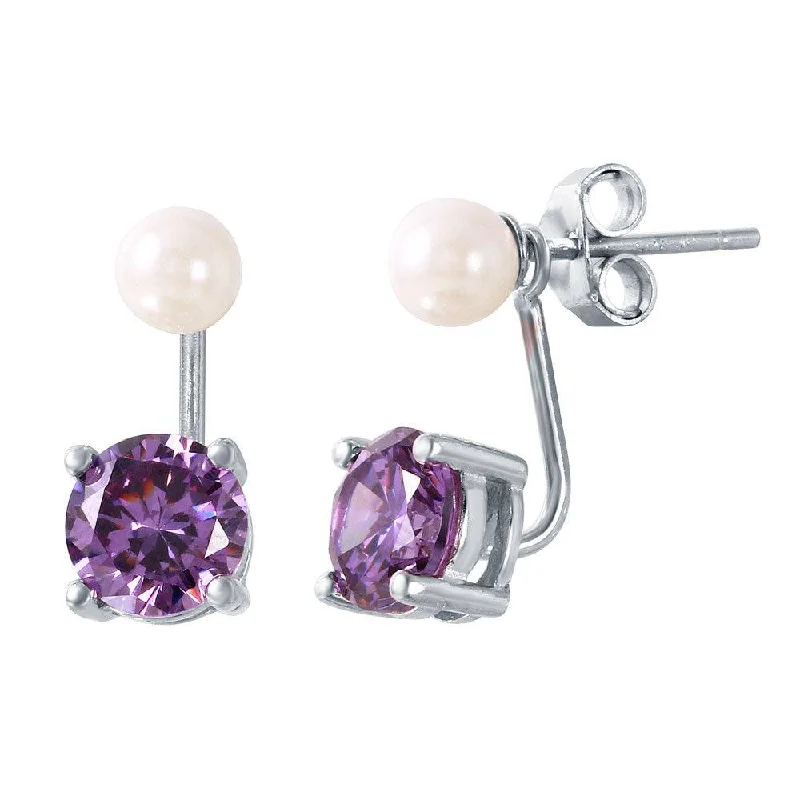 silver stud earrings for women -Rhodium Plated 925 Sterling Silver Pearl Purple Front and Back Earrings - STE00990FEB