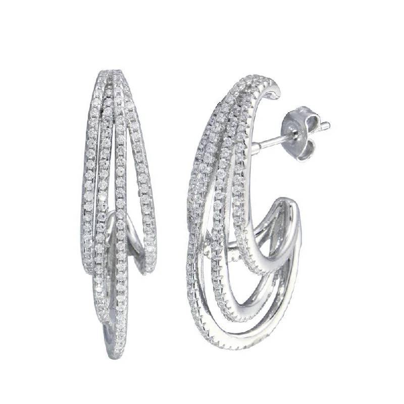 women’s silver drop earrings -Rhodium Plated 925 Sterling Silver Semi Hoop Dangling Wave Earring - STE01256