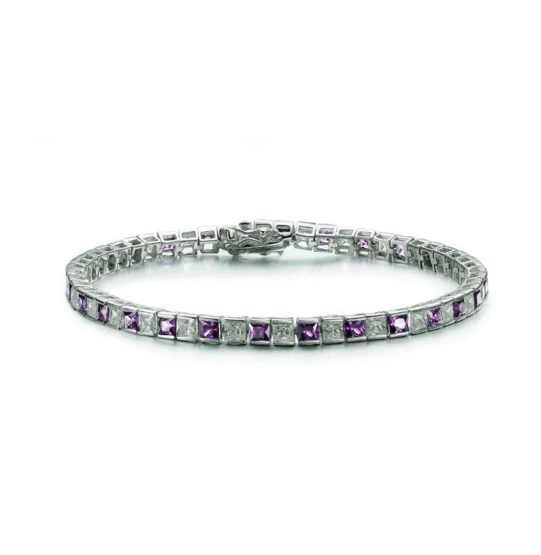 Sterling Silver with Colored Square Cubic Zirconia Stylish Tennis Bracelet